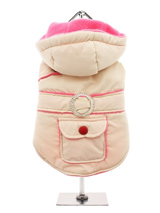 Cream / Pink Quilted & Hooded Bodywarmer - Practical with a splash of bling! This cream hooded bodywarmer is trimmed with fuchsia pink piping and has a diamante style belt loop. It also has a pocket which is perfect for treats and those all important small plastic bags. The soft fleece lining will certainly keep your dog snug and warm. 
