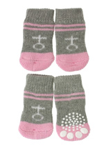 Grey / Pink ''Venus'' Pet Socks - These fun and functional doggie socks protect your dogs paws from mud, snow, ice, hot pavement, hot sand and other extreme weather. Made from 95% cotton & 5% spandex making them comfortable and secure. Each sock features a paw shaped anti-slip silica pad & help keep your house sanitary. (set of 4).