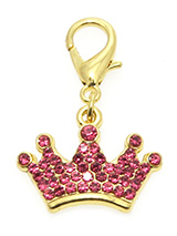 Royal Crown Dog Collar Charm - A unique piece that is sure to turn heads. Fun and stylish, a wonderful way of showing off your own individual flair. This crown shaped pendant features 45 Crystals set in gold coloured plated alloy. Attaches to any collar's D-ring with a lobster clip. Measures approx. 1'' - 2.5cm wide.