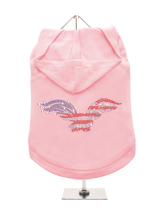 GlamourGlitz American Eagle Dog Hoodie - Exclusive GlamourGlitz 100% Cotton Hoodie. Embellished with a soaring American Eagle, the National Emblem and crafted with Red, Silver and Blue Rhinestuds that catch a sparkle in the light. Wear on it's own or match with a GlamourGlitz ''<b>Mommy & Me</b>'' Women's T-Shirt to complete the look.