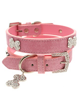 Pink Leather Diamante Collar & Diamante Bone Charm - Sparkling Bling Collar! This textured pink leather collar with a stitched edging has a crystal encrusted buckle with three large / bling sparkling diamante bones and a large sparkling diamante charm complete the look. A glamorous addition to the wardrobe of any trendy pooch.<ul><li><b>S</b> Width: 1...
