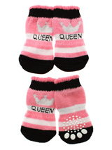 Pink ''Queen'' Pet Socks - These fun and functional doggie socks protect your dogs paws from mud, snow, ice, hot pavement, hot sand and other extreme weather. Made from 95% cotton & 5% spandex making them comfortable and secure. Each sock features a paw shaped anti-slip silica pad & help keep your house sanitary. (set of 4).